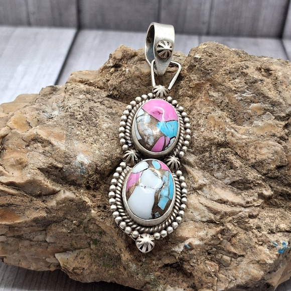 Cotton Candy Turquoise Pendant Sterling Silver Double Stones Southwestern Style